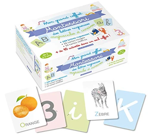 Mon grand coffret Montessori des lettres rugueuses majuscules et cursives: Avec 104 lettres rugueuses, 26 cartes images, 10 cartes chiffres et 1 livret d'accompagnement