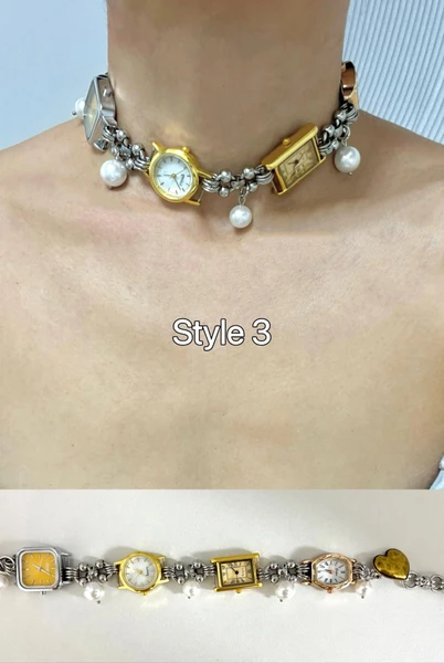 Vintage Watch Choker Necklace, Butterfly Gold Watch Necklace, Silver Chain Choker, Grunge Spike Choker Y2K Clock Jewelry, Unisex Necklace.