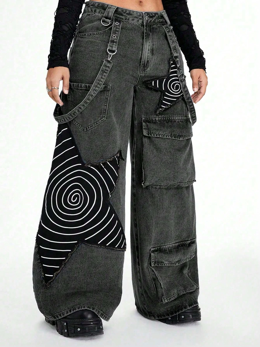ROMWE Grunge Punk Pantalon cargo ample à jambes larges avec étoiles imprimées, style déchiré et lavé, pour femmes grandes tailles, style punk