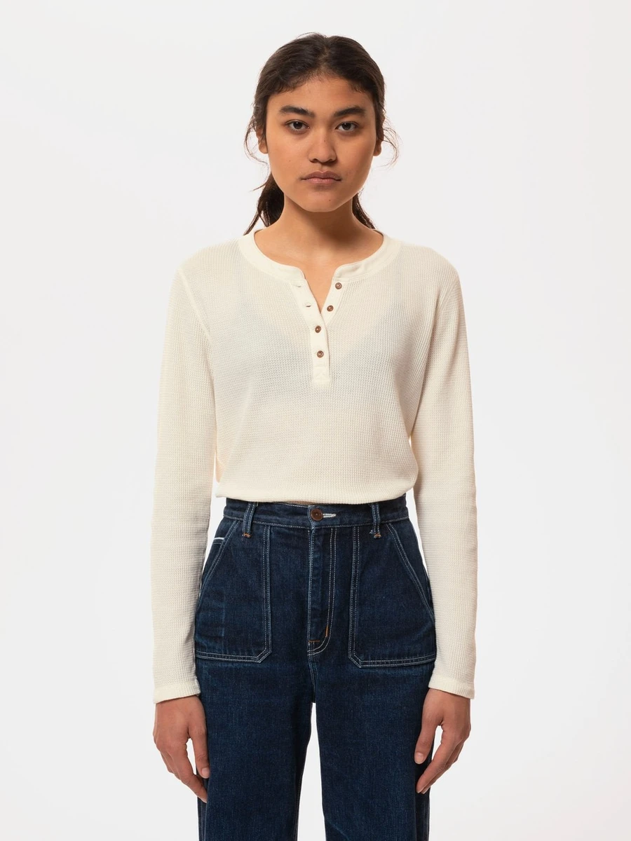 T-shirt manches longues écru en maille gaufrée de coton bio - mira waffle egg white Nudie Jeans