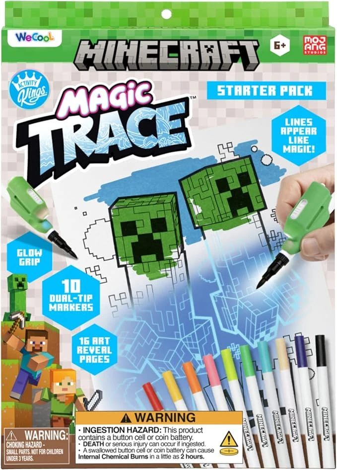 Paladone WeCool Minecraft Magic Trace Kit de démarrage de coloriage lumineux, 16 pages, 10 feutres double pointe, 1 outil de révélation de ligne, kit artistique pour les enfants de 6 ans et plus
