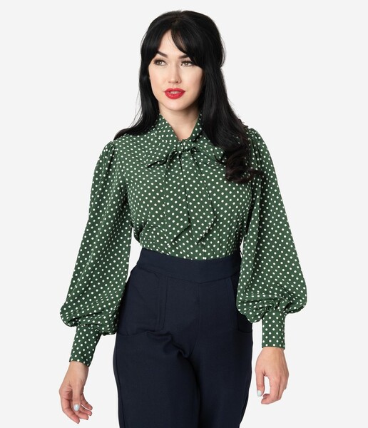Unique Vintage Green & Ivory Polka Dot Crepe Neck Tie Gwen Blouse