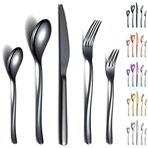 Berglander Ensemble de couverts noirs 30 pièces, fourchettes et cuillères en acier inoxydable robuste plaqué titane noir Ensemble d'ustensiles résistant à la rouille, lavable au lave-vaisselle