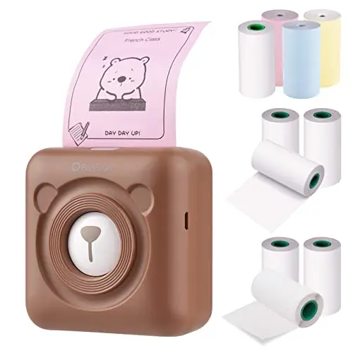 Bisofice Mini imprimante photo A6, mini imprimante thermique de poche, sans fil, BT photo, étiquettes, reçus, fonction photo AR photo, avec câble USB, 9 rouleaux de papier thermique, marron