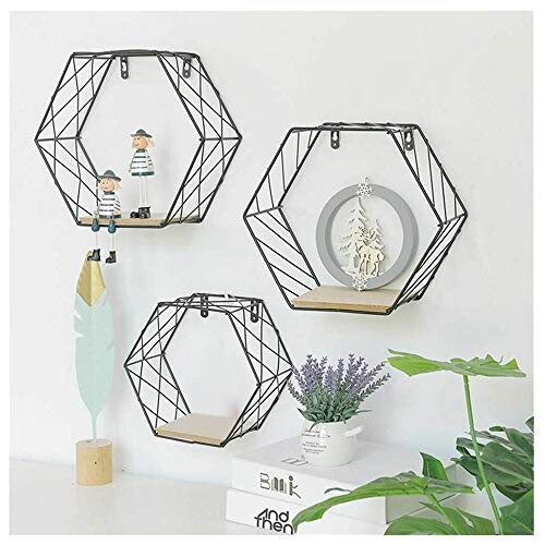 XLGX Etagère Murale Simple en Fer forgé Hexagonal Salon Chambre Décoration Murale Ligne Nordique Ligne hexagonale Décoration Murale en Fer Rangement Finition Rack pour Cuisines Bar (B:29x25cm)