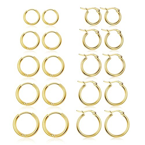 Senteria 10 Paires Petites Boucles d'oreilles Créoles pour Femme Acier Inoxydable Hypoallergénique Petites Boucles d'oreilles Créoles en Argent Or pour Homme 8/10/12/14/16mm