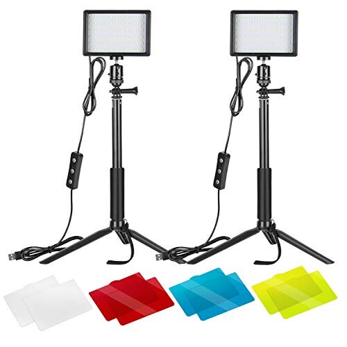 Neewer 2pcs Lampes Vidéo Led Usb 5600k Dimmable avec Support de Trépied Réglable et Filtres de Couleur pour La Prise de Vue Sur Table / en Contre-plongée, Le Zoom / L'éclairage de Conférence Vidéo