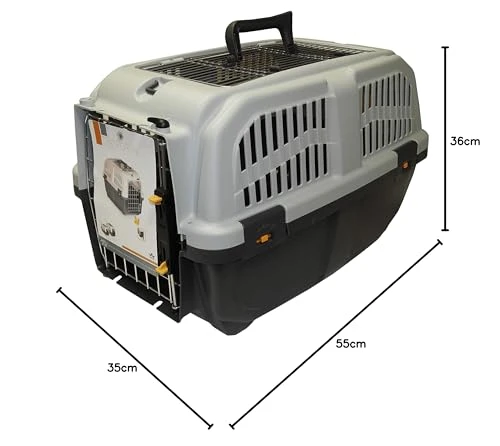 Aimé | Caisse de Transport Chat et Chien | Cage de Transport pour Chien et Chat avec Aérations Latérales, Grilles en Métal et Loquet de Sécurité | Couleur Grise et Dimensions 56x36x35 cm