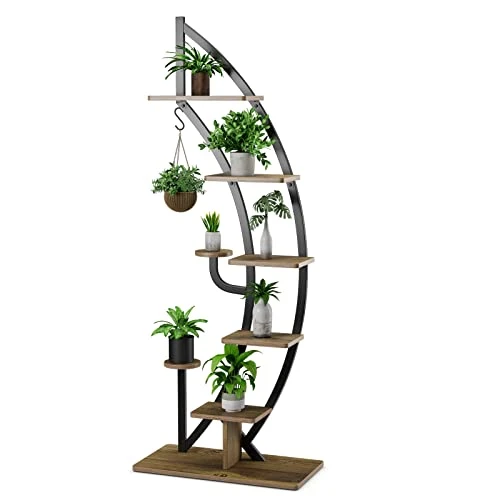 COSTWAY Support de Plante en Métal à 7 Niveaux, Étagère à Fleurs avec Crochet, Porte Plantes en Forme de Demi-lune avec Dispositif Anti-renversement, pour Salon, Balcon, 60 x 30 x 155 CM