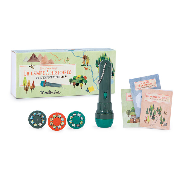 Lampe à histoire l'explorateur avec 3 minis livres Moulin Roty