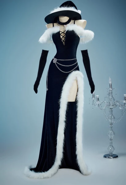 Yor Derivative Christmas Gothic Black Dress Set Dark Witch Style Furry Dress with Hat Gloves