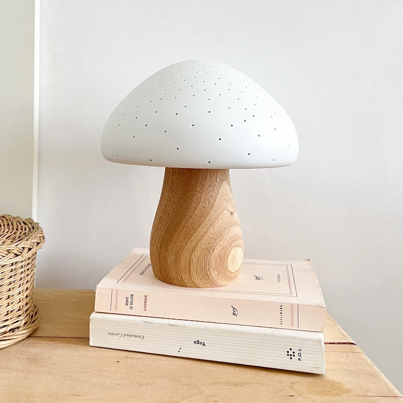 Lampe champignon en porcelaine et bois