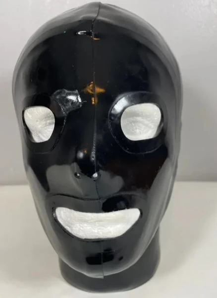 Cagoule Gimp en latex, yeux ouverts et bouche ouverte
