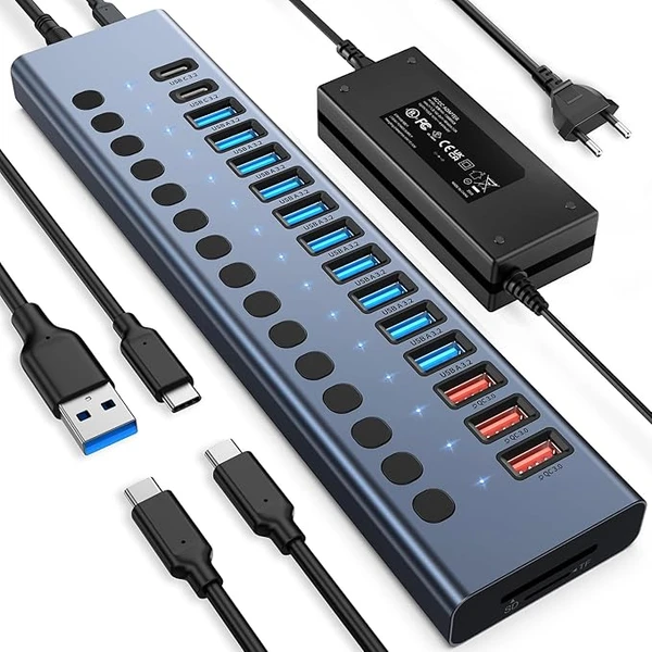 Hub USB alimenté, hub USB 3.2 17 Ports 96W VANGREE (10 Ports USB 3.2+3 Ports de Charge Rapide QC24 W+2 Ports USB-C 3.2+Lecteur de Carte SD/TF), interrupteurs Marche/arrêt individuels. (17 Ports)