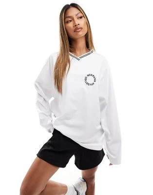 ASOS DESIGN - Weekend Collective - T-shirt à manches longues avec liserés style rétro - Blanc