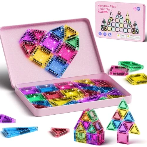 Lot de 42 tuiles magnétiques de voyage à paillettes - Jouet de voyage pour enfants - Carrelage magnétique avec base en fer - Blocs de construction magnétiques - Jouet de voyage - Cadeau pour fille de