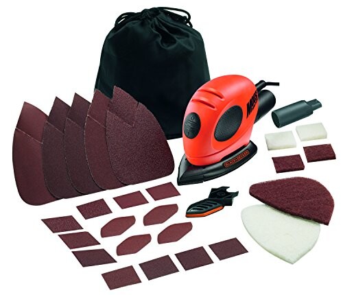 BLACK+DECKER KA161BC-QS Ponceuse de Détail Mouse Filaire -Plateau : 130 x 91 mm - 11 000 orb/min - D'orbite : 1,5 mm - 15 abrasifs - Livrée en sac de transport 55W, Orange, Format standard