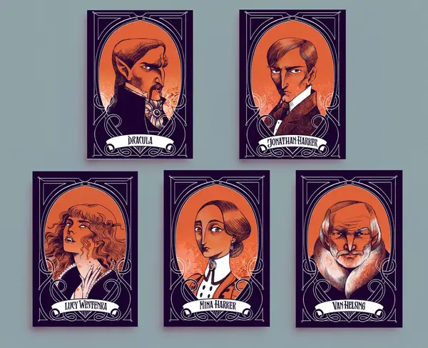 Cartes postales Dracula, portraits des personnages du roman gothique de Bram Stoker (ensemble de 5)