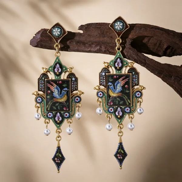 Boucles d'oreilles pendantes motif floral rétro