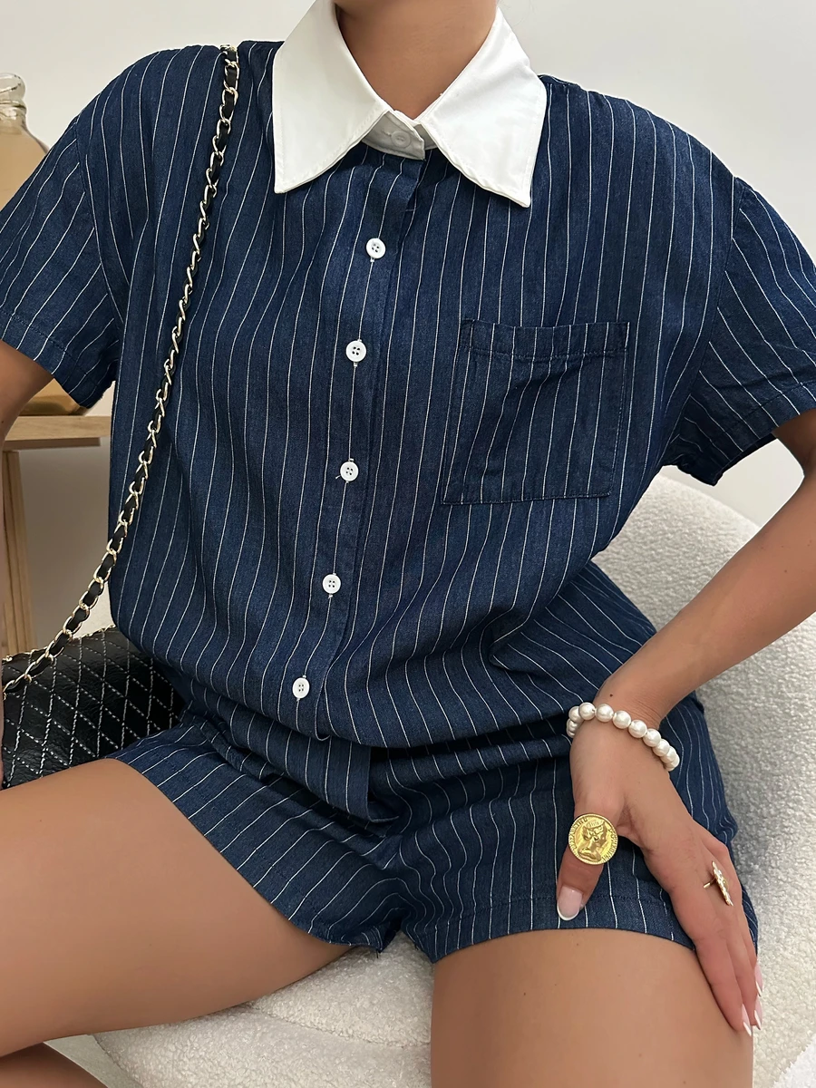 Ensemble chemise et short à rayures GERALDE - bleu foncé
