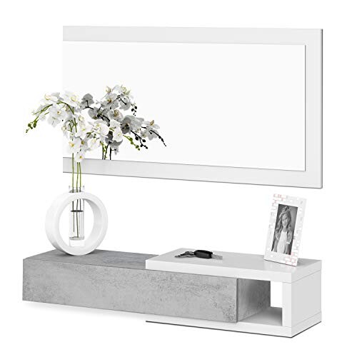 Habitdesign 0L6743A - Meuble d'entrée avec tiroir et miroir, mobilier d'entrée modèle midi, Blanc Artik et Gris Ciment, dimensions: 95 cm (largeur) x 19 cm (hauteur) x 26 cm (profondeur)