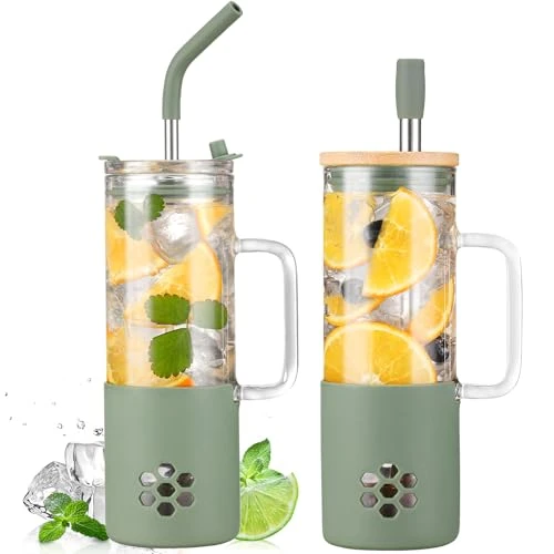 BLUEGO 600ML Gobelet en Verre Coupe avec Couvercle Bambou et PailleTasse à Café Glacé Avec Marqueur de Temps Bouteille d'eau avec Poignée et Couvercle Silicone Verre Gourde Sans BPA, Olive