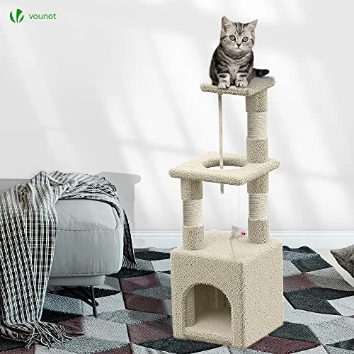 VOUNOT Arbre à Chat Multi-Niveaux avec Griffoir Arbre à Grimper pour Chat avec Corde et Plateformes pour Félins Hauteur 88cm Beige
