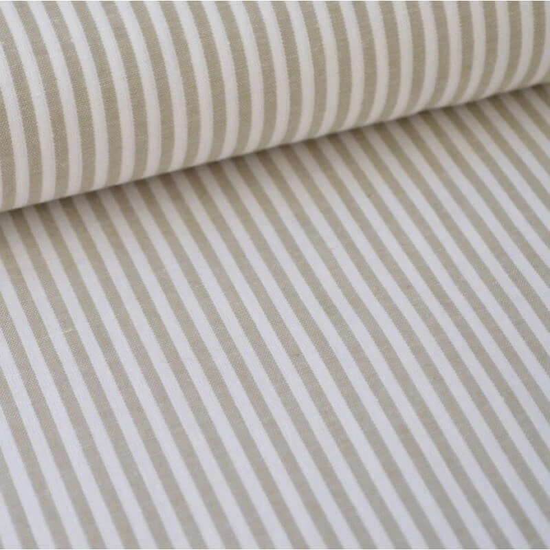 Tissu popeline coton rayures SABLE (beige) et blanches tissé teint - oeko tex