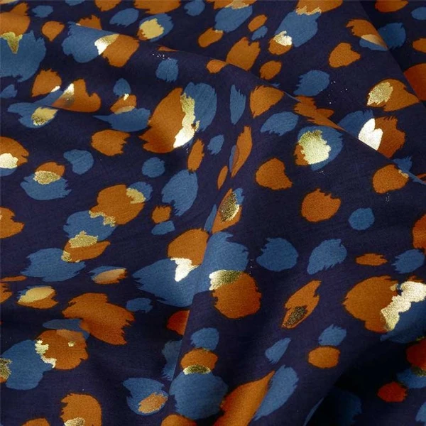 Tissu Viscose à Motifs Abstraits Dorés - Bleu Marine | Élégance et Fluidité