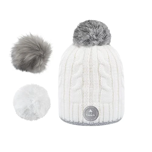 CABAIA - Bonnet Femme et Homme avec 3 Pompons Interchangeables - Design Français - Systéme aimantée pour Un Ajustement Adapté - Collection Hiver - Modele Creamy Gin Blanc