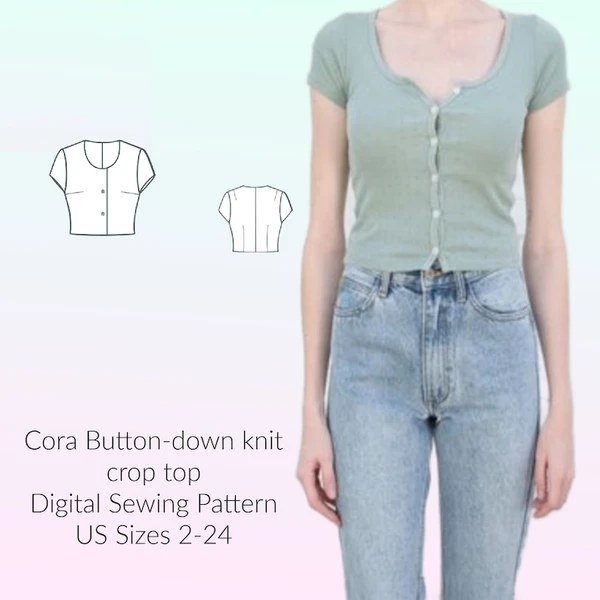 Patron de couture pour haut court en tricot | Cora boutonnée, tailles US 2-24 (PDF numérique)