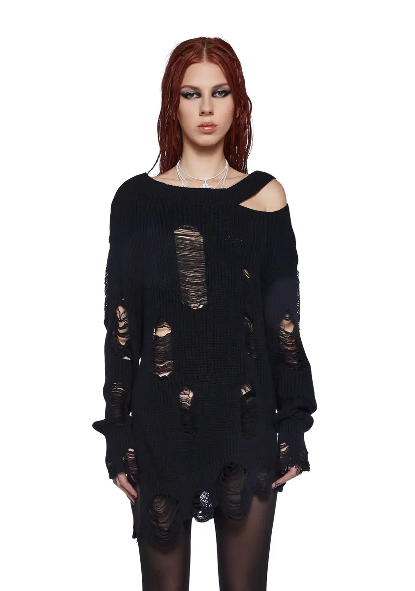 Darker Wavs Distressed Cut Out Long Sleeve Knit Sweater - Black