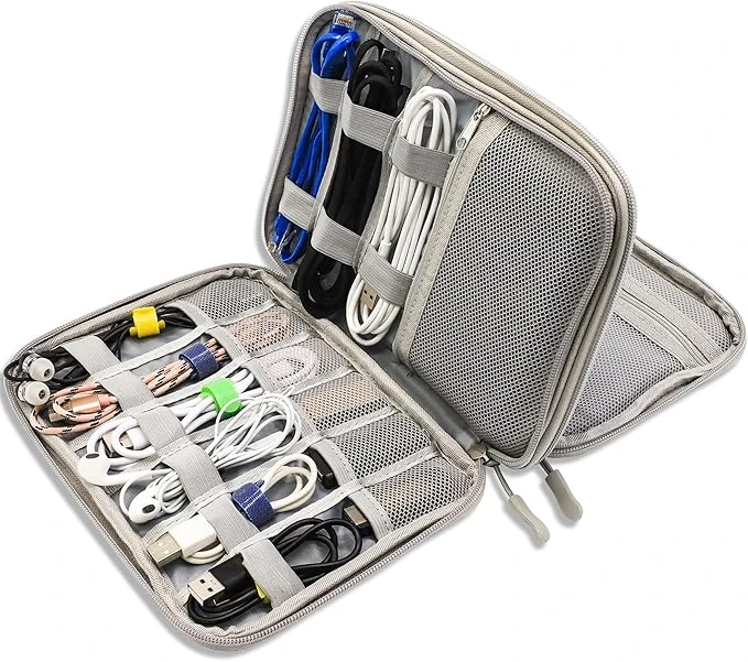 Teskyer Sac de Rangement Câble, Sac de Rangement d’Accessoires Électroniques, Étanche, Antichoc Anti, Accessoires de Voyage, 2 Couche, Gris