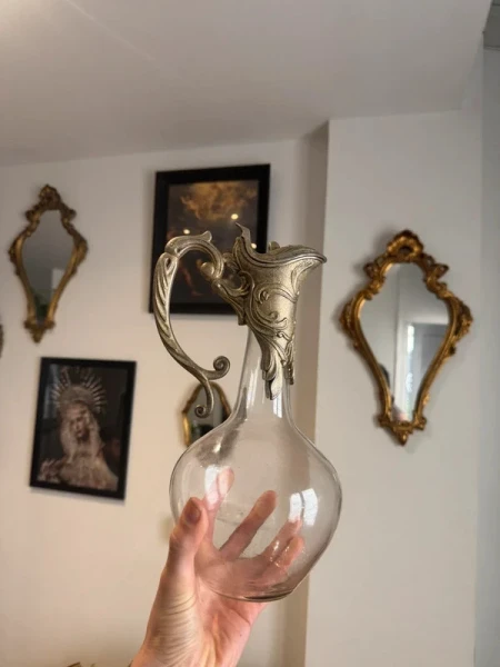 Aiguière / carafe Art Nouveau ancienne – verre & monture métal antique baroque ancien