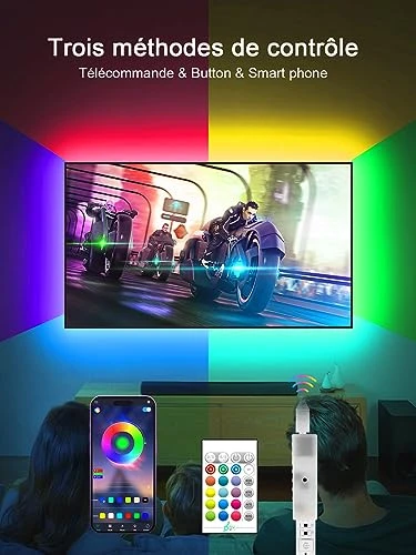 KANTUTOE Ruban LED TV, 5M TV LED pour 55"- 75" TV, musique sync Bluetooth app et télécommande TV LED Strip USB alimenté pour chambre/jeux
