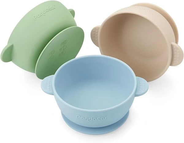 PandaEar Ensemble de 3 Bols pour Bébés avec Ventouse | Bol Alimentaire en Silicone pour Bébés, Enfants en Bas Âge et Tout-Petits (Bleu Vert Marron)
