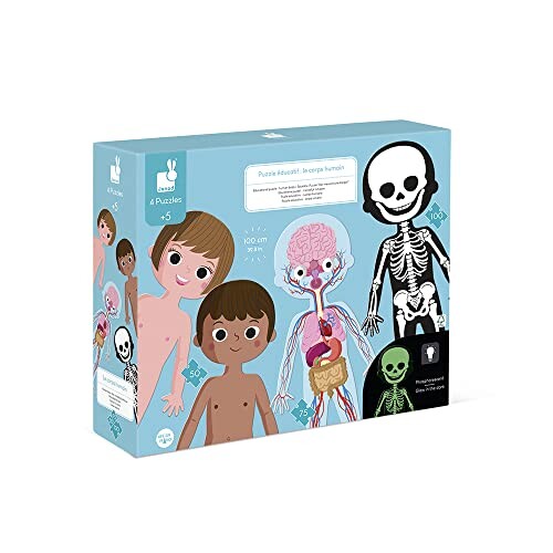 Janod - Coffret 4 Puzzles Géants sur le Corps Humain - 50, 75 et 100 Pièces - Cartes Éducatives en 12 Langues - Découverte du Corps Humain - dès 5 ans, J02681