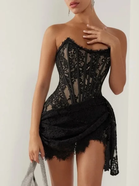 Mini robe corset en dentelle sans bretelles pour femmes, dentelle, couvertes, drapée, noire, robes de batterie, élégante, club de fête, quoi que ce soit - AliExpress