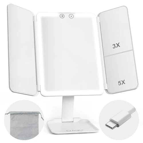 hajer Miroir Maquillage Lumineux à LED + Pochette de Transport, Grossissant 1X/3X/5X, 3 Modes éclairage, Tactile et Rechargeable USB-C avec Batterie en Lithium. Miroir Portable et Pliable de Voyage.
