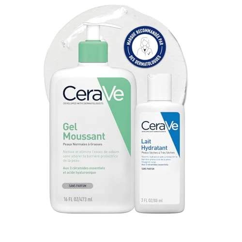 CeraVe - Routine Hydratante - Gel Moussant 473 ml + Lait Hydratant 88 ml - Nettoie, Hydrate &amp; Préserve la Barrière Cutanée - Soins aux 3 Céramides Essentiels - Peau Mixte à Grasse