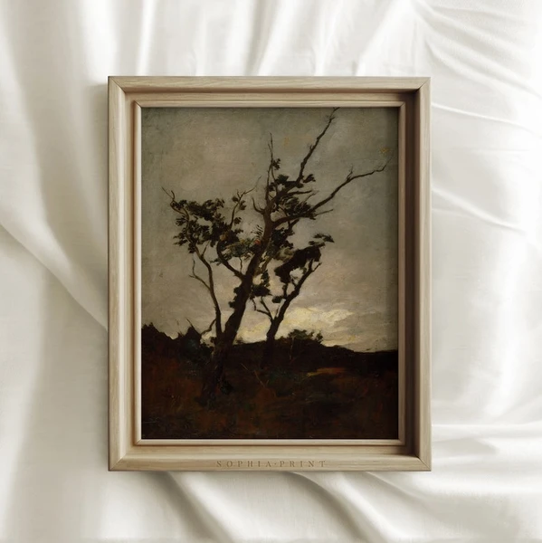 Arbre fatigué foncé, arbre jumeau pâle, impression Sophia, impression postale, impression expédiée, art mural champêtre, décoration de ferme, paysage vintage #256