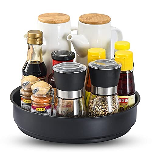 Geoyien plateau tournant epices, acier inoxydable porte épices rotatif placard étagère à épices organisateur de cosmétiques pour garde-manger, cuisine, bureau, salle de bain, coiffeuse, noir