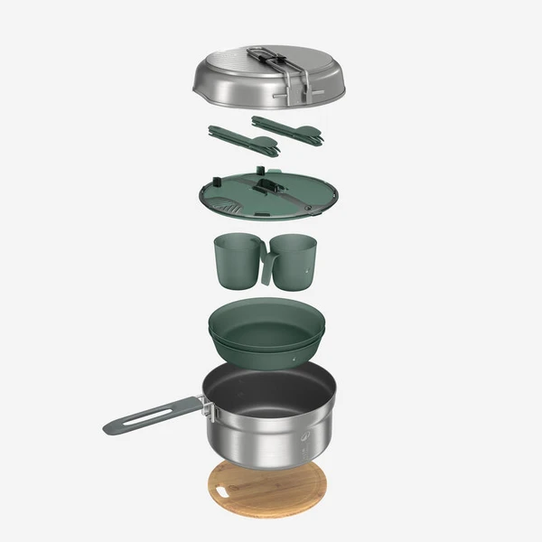 Popote 500 de camping en acier inox + anti-adhésif - 2 personnes - 15 éléments