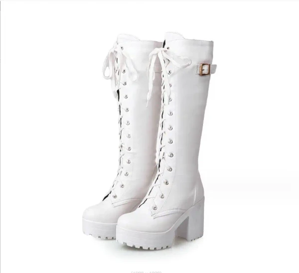 Femmes noir bottes hautes bout carré semelle épaisse à lacets multi-ceinture boucle mode Vintage talon épais bottes à talons hauts femmes botte - AliExpress 322