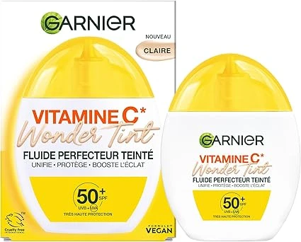 GARNIER - SkinActive Vitamine C - Fluide Perfecteur Teinté Wonder Tint SPF50+ - Soin Teinté Visage Protecteur - Unifie, Hydrate & Réduit les Taches Brunes - Tous Types de Peaux - Teinte Medium - 40 ml