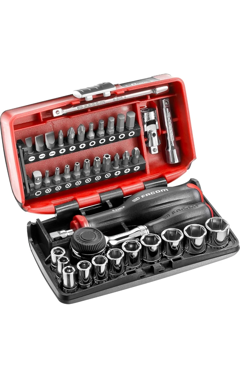 Facom Coffret Compact de Serrage et Vissage Complet NANO 38 Pièces 6 Pans 1/4 " Métrique avec Cliquet à Manche Rotatif 360 à Action Rapide R.360NANOPB, Rouge, 6 Pans Métrique
