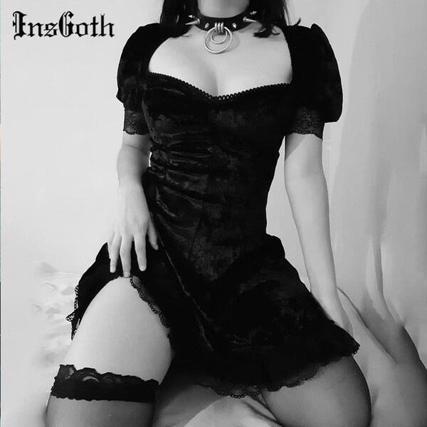 InsGoth Vintage Dentelle Robe Noire Gothique Sexy Taille Haute Mini Robe Esthétique Élégant Manches Courtes UNE Ligne Robe de Soirée Tenue De Club
