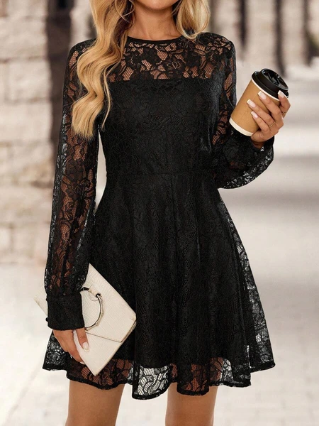 EMERY ROSE Robe courte décontractée pour femmes avec manches longues en dentelle noire et taille cintrée | Mode en ligne | SHEIN FRANCE