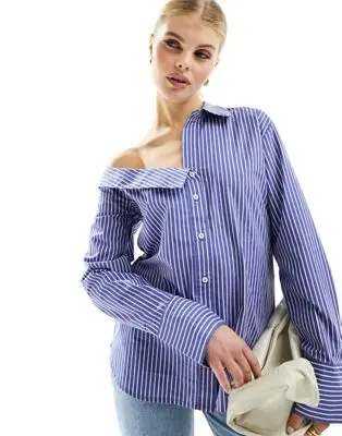 Stradivarius - Chemise à rayures en popeline à épaules dénudées - Bleu marine