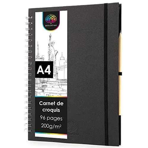 OfficeTree Cahier de Dessin Spirale A4-96 Pages 200g Papier Blanc - Format Vertical - Sketchbook - Carnet de Dessin - Carnet de Croquis - Cahier Dessin A4 inclus Crayon